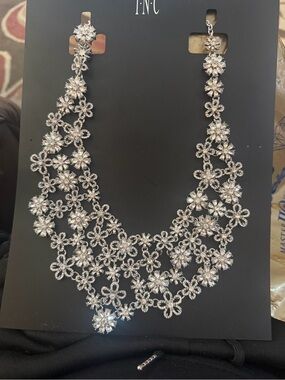 INC International Concepts Silver Floral Crystal Bib Necklace